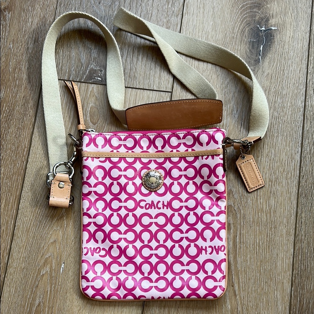 Coach Leah Op Pink Leather Coated Canvas Cross Body Handbag 42420